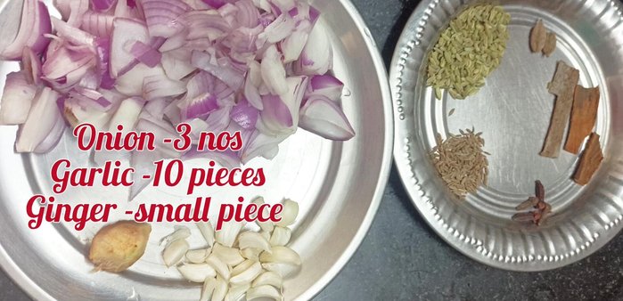 Grind 3 onions, 10 garlic cloves, a small piece of ginger, 3 cloves, cardamom, anise, cumin, 2 tomatoes, 10 cashew nuts, a handful of coriander leaves, and a handful of mint.