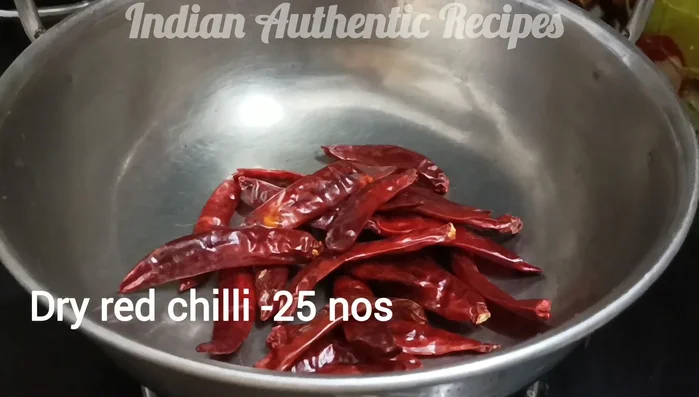 Add 25 red chilies and fry for about 2 minutes.