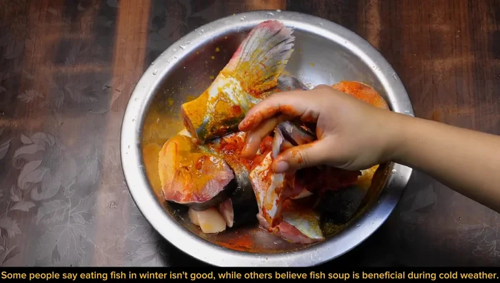 Marinate the fish with the spices and lemon.
