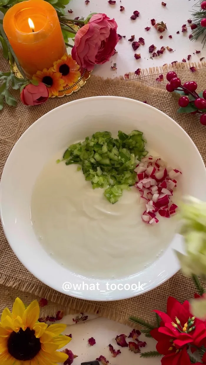 Add chopped cucumber, radish, lettuce (if using), green chili, onion, tomato, and coriander (fresh or frozen) to the yogurt.