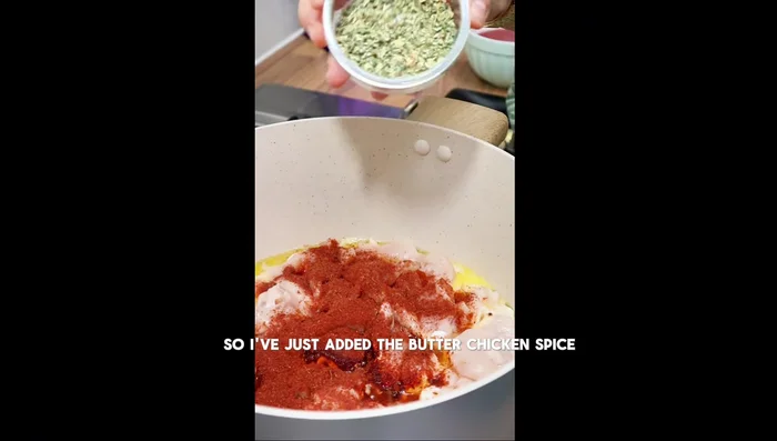 Add all remaining ingredients (butter chicken spice, dried fenugreek, ginger-garlic paste, chili powder, yogurt, tomatoes/tomato puree) at once. Mix well.