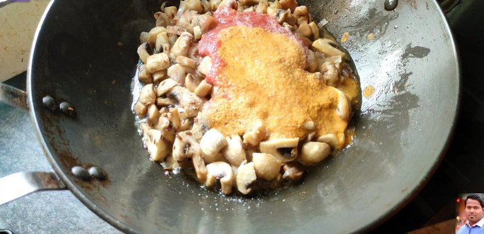 Add salt, 0.5 tablespoon turmeric powder, 1-2 tablespoons red chili powder, 0.5 tablespoon cumin powder, and 0.5 tablespoon coriander powder.
