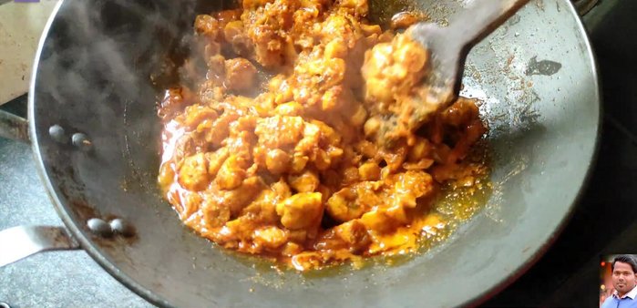 For a dry dish, cook on medium-high flame for 2-3 minutes, stirring frequently. For a gravy, add water and cook for 2-3 minutes.