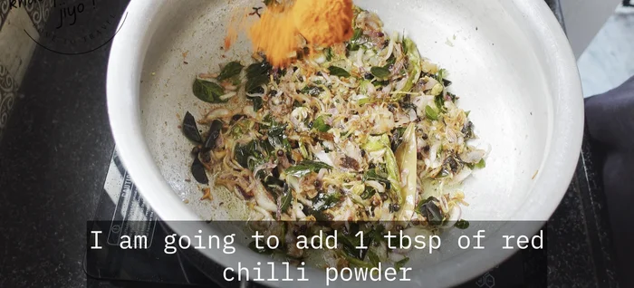 Add 1 tbsp red chili powder, 1/2 tsp turmeric powder, and salt. Mix well.