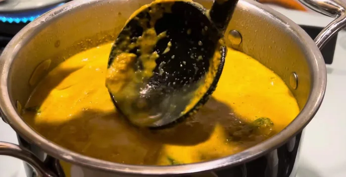 Add 1-2 cups of hot water to adjust the curry’s consistency. Check for salt and add more if needed.