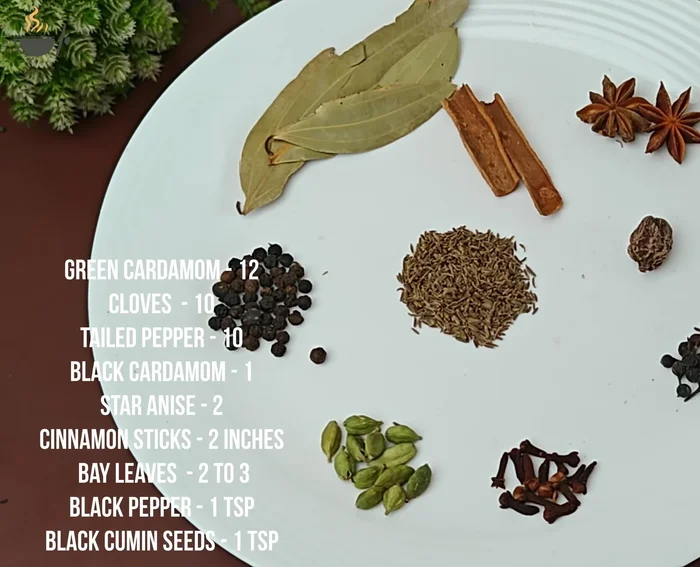 Add whole spices (cardamoms, cloves, kabab chini, black cardamom, star anise, cinnamon, bay leaves, black pepper, black cumin seeds), ginger-garlic paste, curd, fried onions, karr (optional), mint leaves, coriander leaves, green chilies, and spice powders (cumin, coriander, red chili, turmeric, garam masala). Add salt and desi ghee. Mix well and marinate for at least 2 hours (or overnight).