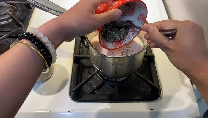 Add the cardamom powder and the soaked seeds to the warm almond milk. Stir well. (140.239)