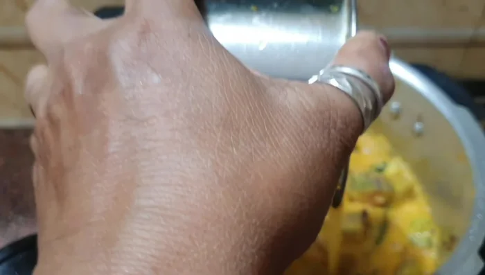 Add the soaked tamarind and 100ml of water. Check the salt and adjust accordingly.