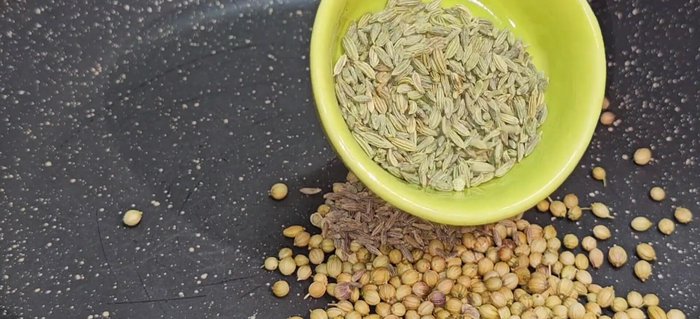 Roast whole coriander, cumin, fennel, and black pepper. Make a coarse powder.