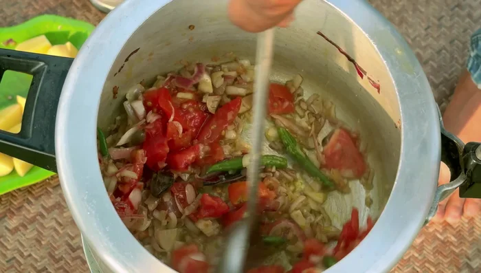Add tomatoes, salt, crushed ginger, garlic, and green chilies.