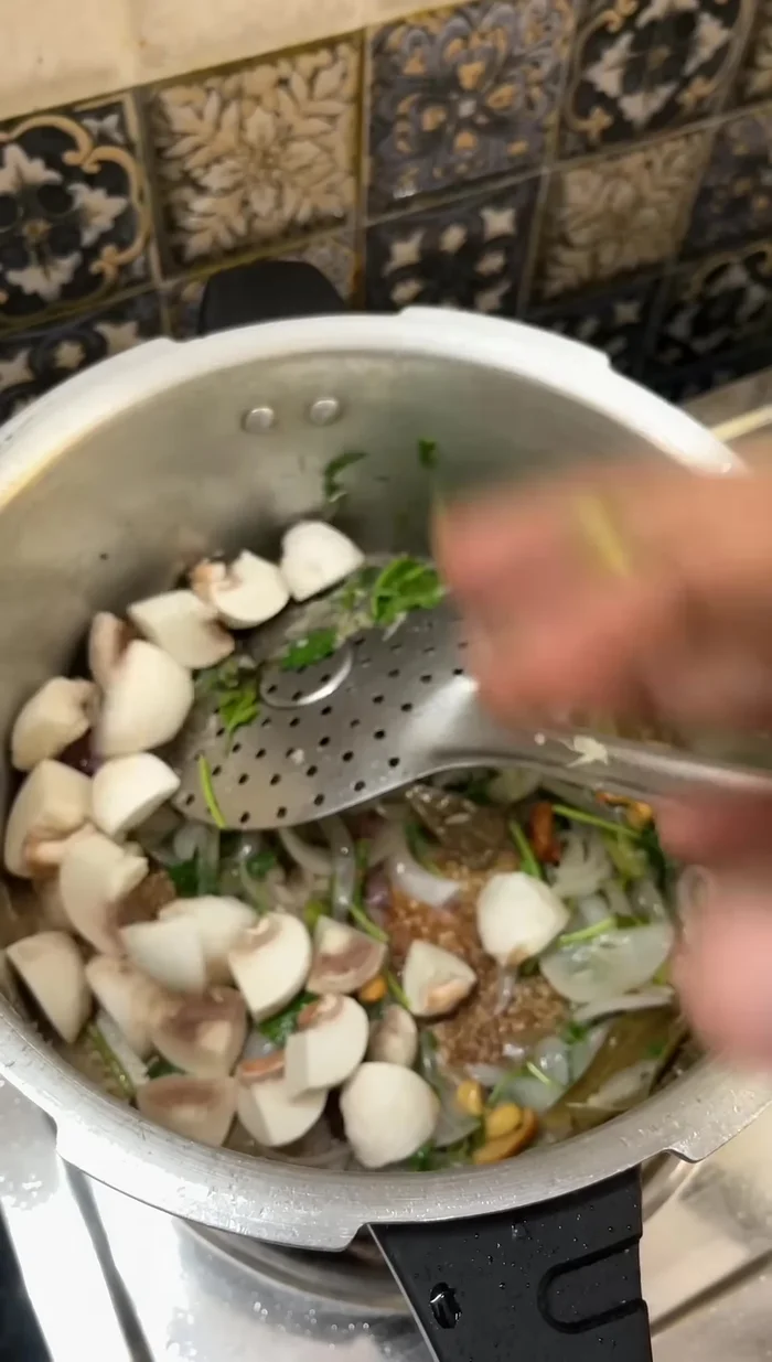 Add mushrooms (cut into large pieces) from one box (or more). Mix well.