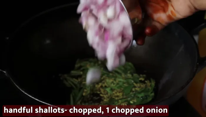 Add curry leaves and then the chopped onions. Saute until onions are cooked.