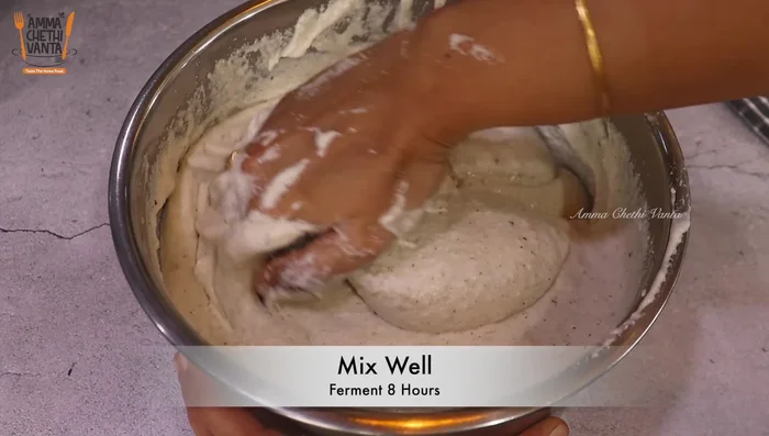 Cover and let the batter ferment overnight. In summer, keep in a cool place; in winter/rainy season, cover with a cotton cloth.
