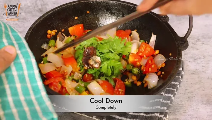 Add tamarind and coriander leaves. Cook until slightly softened, then cool completely.
