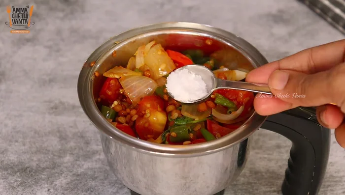 Blend the cooled mixture into a smooth chutney. Add salt and water to adjust consistency.
