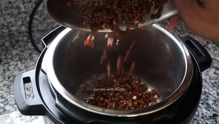 Drain the water and add lentils to a pressure cooker or Instant Pot.