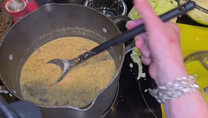 Add chopped cabbage (or spinach/kale, or omit).