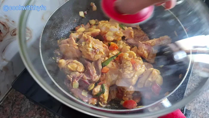 Add ½ teaspoon salt. Cover and cook for 3-4 minutes until the chicken releases water.