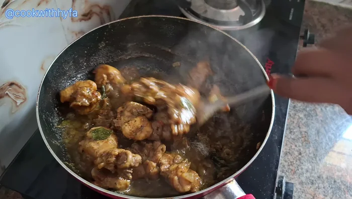 Reduce the flame and cook until the chicken is 90-95% cooked. Adjust consistency to your liking (dry or moist).