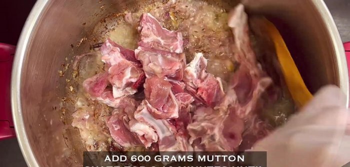 Add mutton and fry for 8-10 minutes until white.