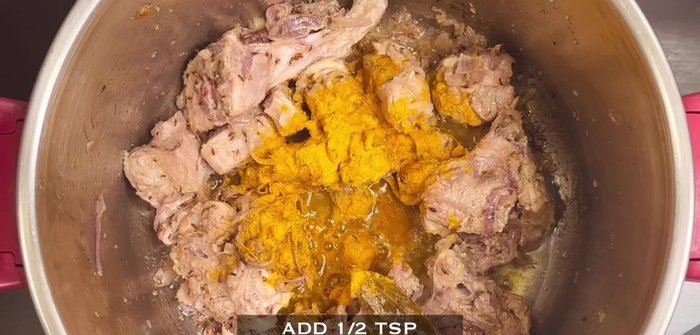 Add turmeric powder, red chili powder, coriander powder, and salt. Mix well and fry for 8-10 minutes.