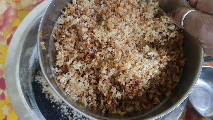 Fry grated coconut well in ghee to extract the milk.