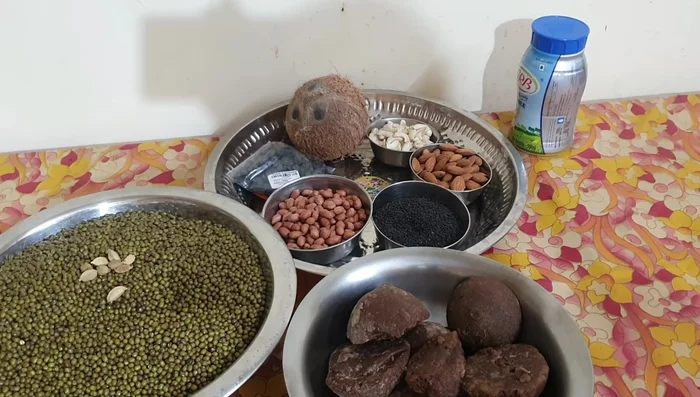 Roast chickpeas or green beans until red. Dry roast peanuts, almonds, and sesame seeds. Grate and roast coconut to remove moisture.