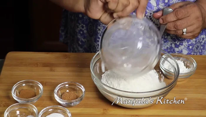 Mix all dry ingredients (except sugar): all-purpose flour, cornstarch, baking soda, salt, cinnamon, and nutmeg.