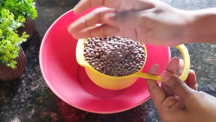 Wash the masoor dal thoroughly 3-4 times. Add the dal to a bowl with plenty of water and ½ teaspoon of baking soda. Mix well, cover, and let it sit for 5-6 hours to swell.