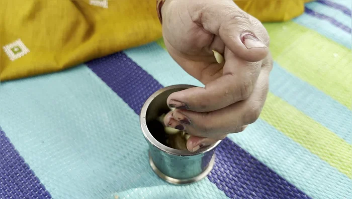 Grind ginger and garlic into a paste using a mortar and pestle.
