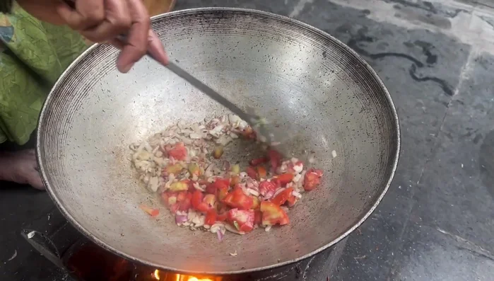 Add tomatoes, green chilies, and garlic paste. Fry well.