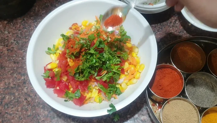 Add the spices: ½ teaspoon red chili powder, ½ teaspoon coriander powder, ½ teaspoon pepper powder, 1 teaspoon chaat masala, and salt to taste. Mix well.
