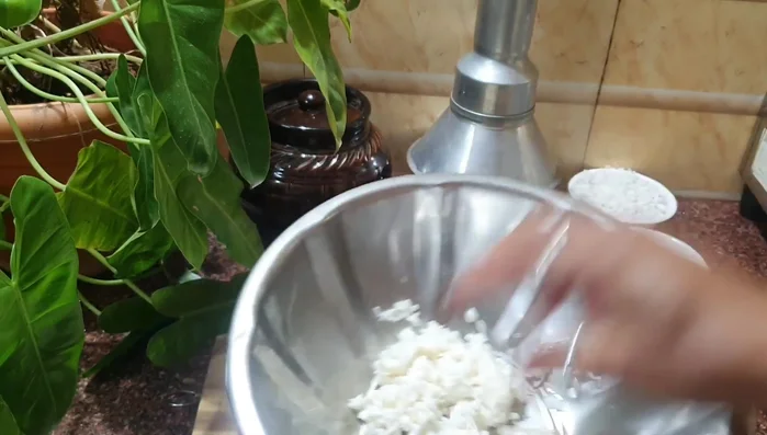 Squeeze out the milk from the tapioca. Add water if needed to help with squeezing.