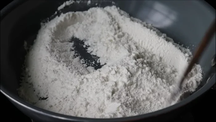 Fry 1 cup rice flour in a pan on low flame for 4 minutes, until slightly colored. (185.519)