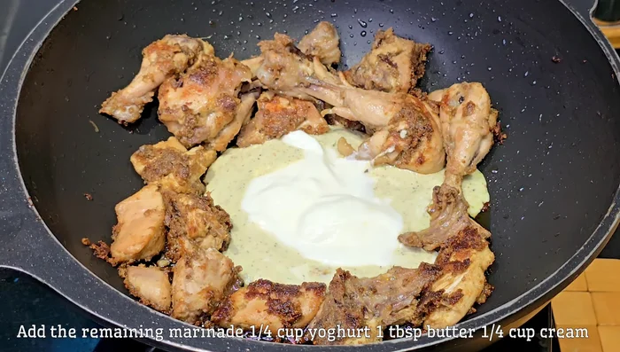 For the gravy, in a separate pan, heat the saved marinade with 1/4 cup of thick curd, 1 tablespoon of butter, Amul cream (or thick cream), chaat masala, roasted cumin seeds, kasuri methi, and salt to taste.