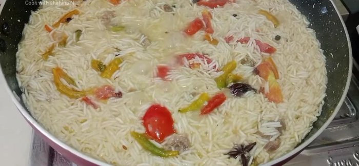 Cook on high heat for 5 minutes then lower to slow heat. Cover and let it simmer until the rice is cooked.
