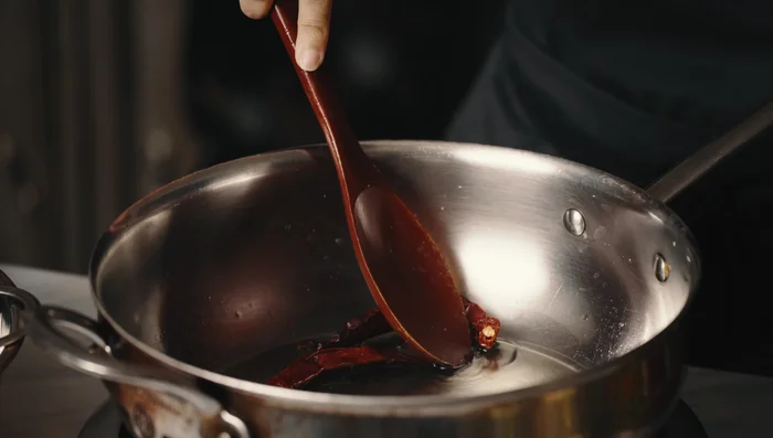 Stir-fry the sauce ingredients over high heat until fragrant. Add a cornstarch slurry to thicken the sauce.