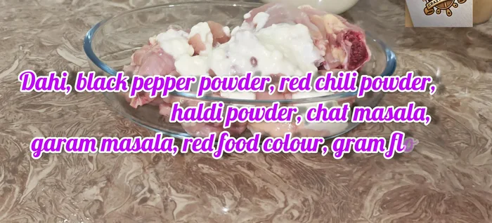 Marinate the chicken: In a bowl, combine chicken, curd, salt, ginger-garlic paste, black pepper powder, turmeric powder, red chili powder, garam masala, chaat masala, gram flour, and red food color (optional). Mix well. Marinate overnight or for at least 30 minutes.