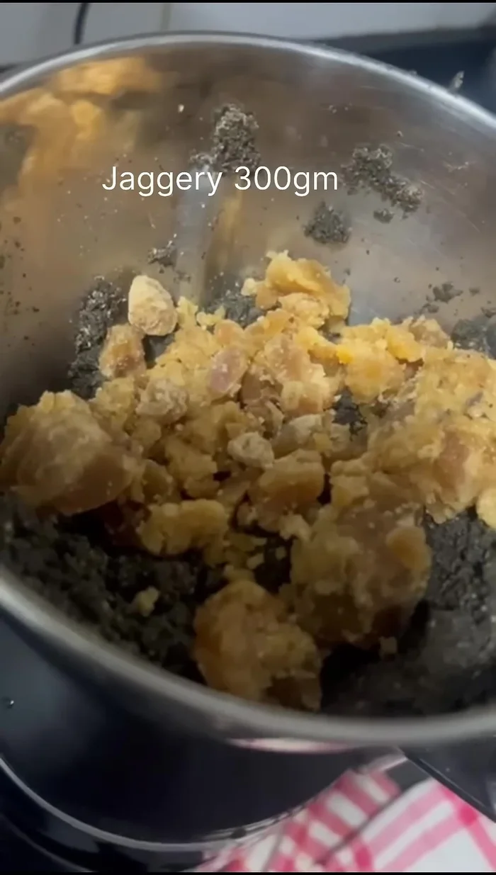 Add the jaggery to the sesame paste and mix well.