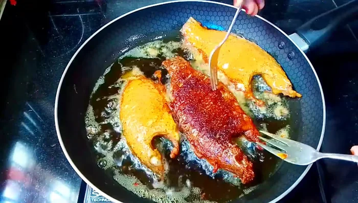 Fry until golden brown and crispy on both sides, approximately 10 minutes.