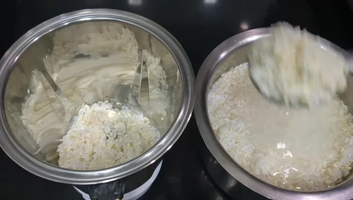 Grind the soaked ingredients in batches in a mixer jar until a smooth batter is formed. Grind little by little for a better consistency.