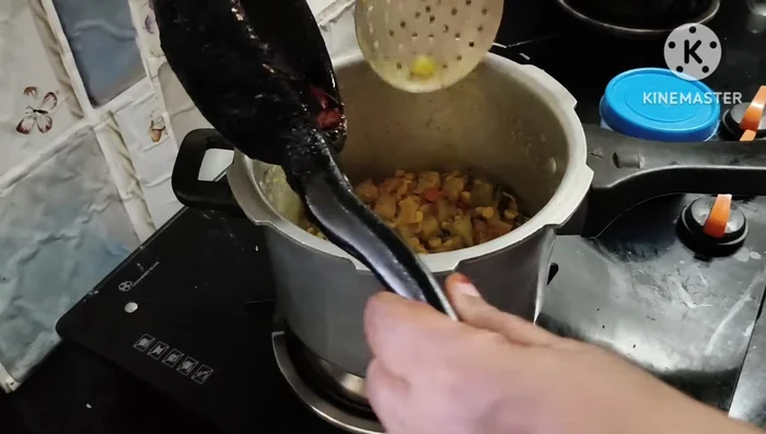 Add the fried spice mixture to the cooked peanut and banana mixture. Mix well and let it sit for five minutes to allow the flavors to blend.