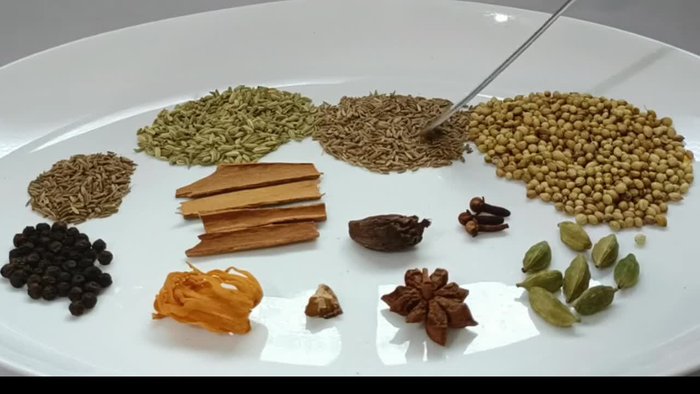 Grind whole coriander, cumin seeds, fennel, Shahi jeera, black pepper, cinnamon, nutmeg, big cardamom, bay leaf, cloves, and small cardamoms into a powder.