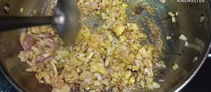 Prepare the curry: Add fenugreek seeds to the remaining oil in the pan. Saute finely chopped onions until softened. Add finely chopped tomatoes and cook until softened.