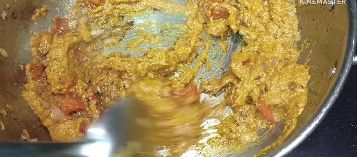 Add the masala paste to the pan. Fry for 10 minutes over medium heat. Add salt, coriander powder, chili powder, Kitchen King masala, and optional fish masala. Fry well.