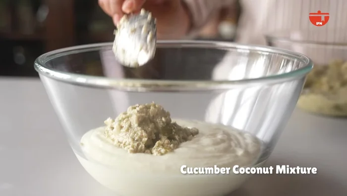 Gently stir the cucumber coconut mixture into the whisked curd.