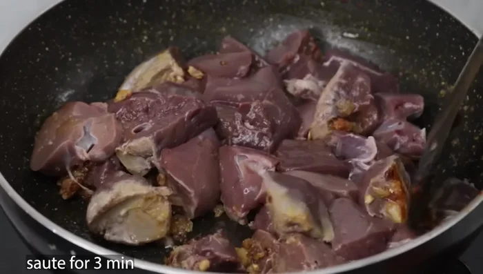 Add the washed and chopped mutton liver. Sauté for 3 minutes.
