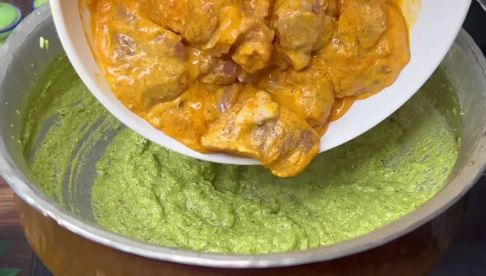 Add the marinated mutton and fry for 4-5 minutes on high flame.