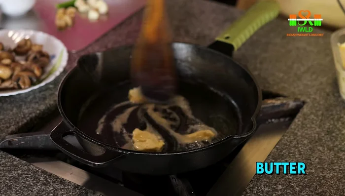 Add a little butter to the cast iron pan. Add whole spices (bay leaves, cloves, cardamom, cinnamon) and fry until fragrant.