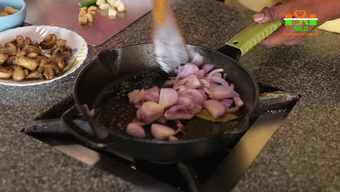 Add sliced onions, chopped garlic, ginger, and 5-6 almonds. Fry well.